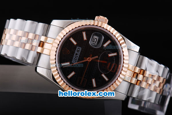 Rolex Datejust Automatic with Rose Gold Bezel and Black Dial-Small Calendar and Two Tone Strap - Click Image to Close